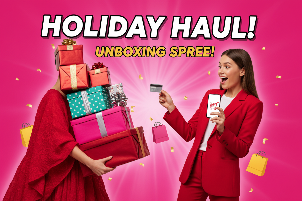 Here’s a clean, direct **image-to-prompt** description you can use to recreate or edit this thumbnail:

---

### **Prompt for the Image**

*A bold, vibrant YouTube thumbnail with a hot-pink background. Two people are partially visible, cropped at the shoulders and waist so only their torsos, arms, and the items they’re holding are shown. On the left, a person in a red dress holds a large stack of colorful gift boxes—red, teal with white dots, and pink—tied with ribbons. On the right, another person in a red